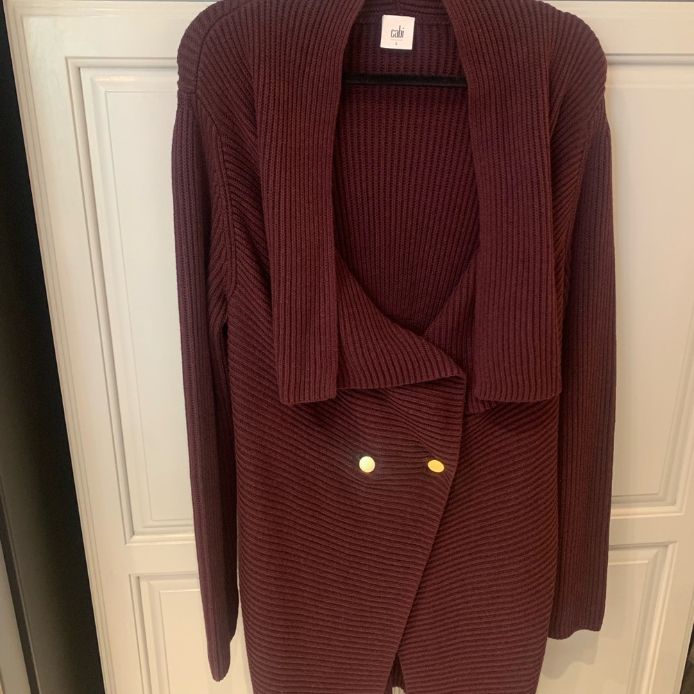 CAbi Burgandy Ribbed Cardigan with Gold Accents size L